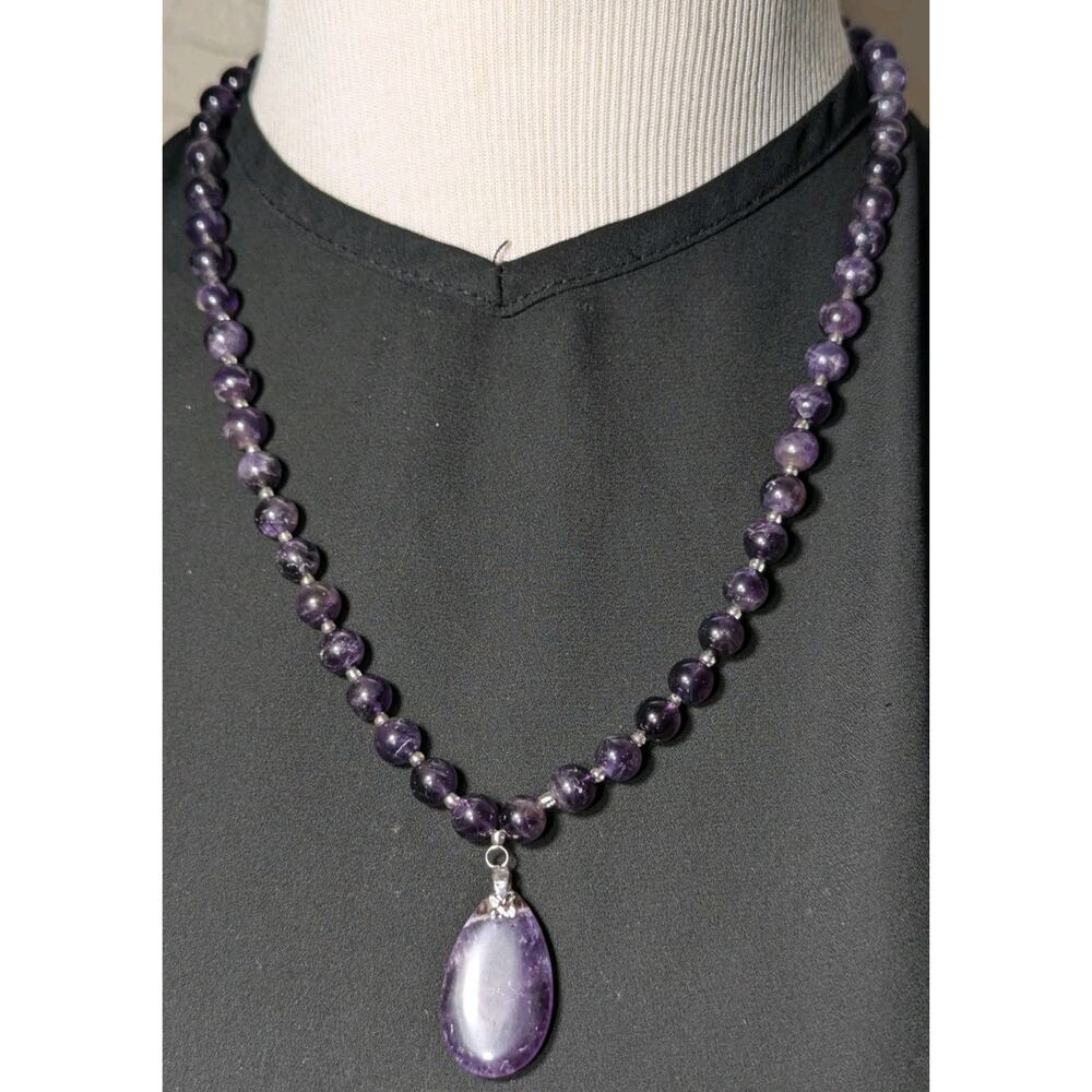 Genuine Purple Amethyst Beads Necklace With Large Pendant Vintage